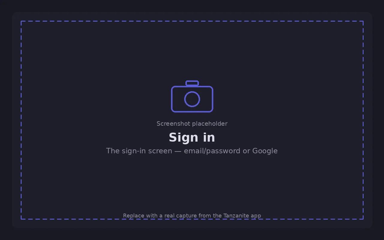 The Tanzanite sign-in screen
